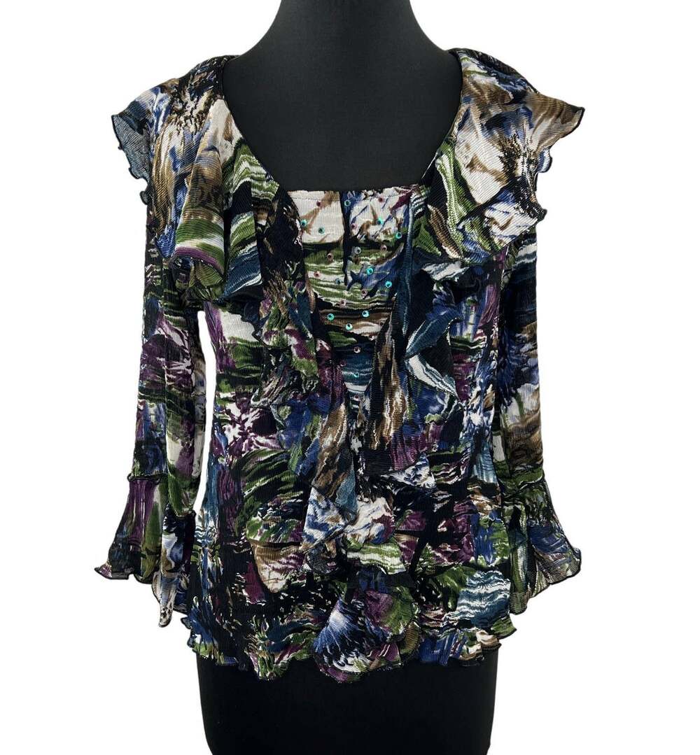 Alberto Makali Multi Abstract Ruffle Rhinestone Long Sleeve Crinkle Blouse L